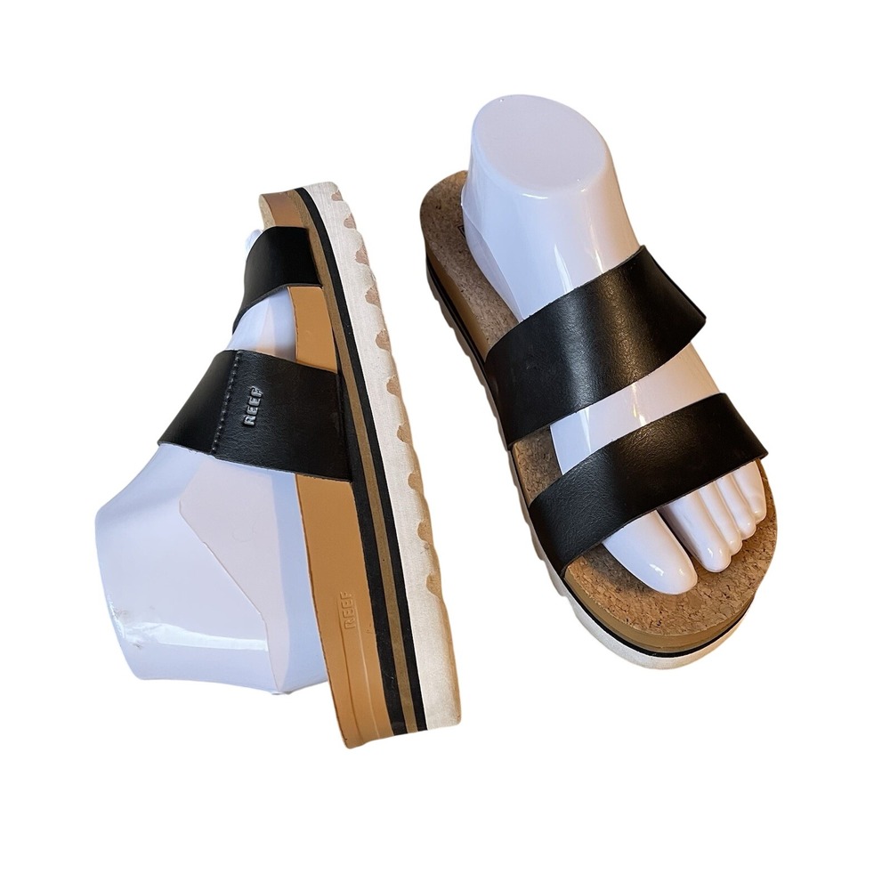 Reef Cushion Vista Hi Women 9 Black Tan Platform Double Strap Slide Sandals